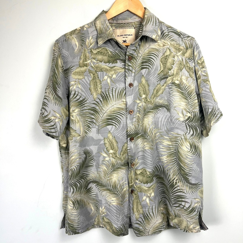 Island Republic 100% Silk Tropical Palm Leaf Button Up Shirt Men L Cabana Cruise